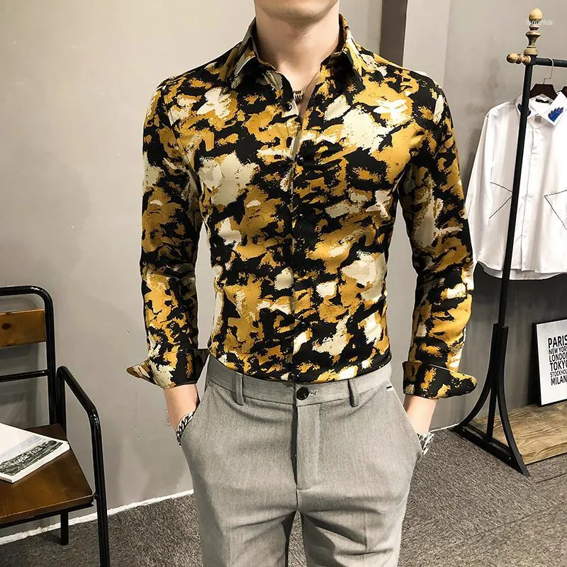Chemises décontractées pour hommes personnalité des hommes hommes Slim chemise à manches longues fleur imprimé haut fête luxe Social mâle robe vêtements