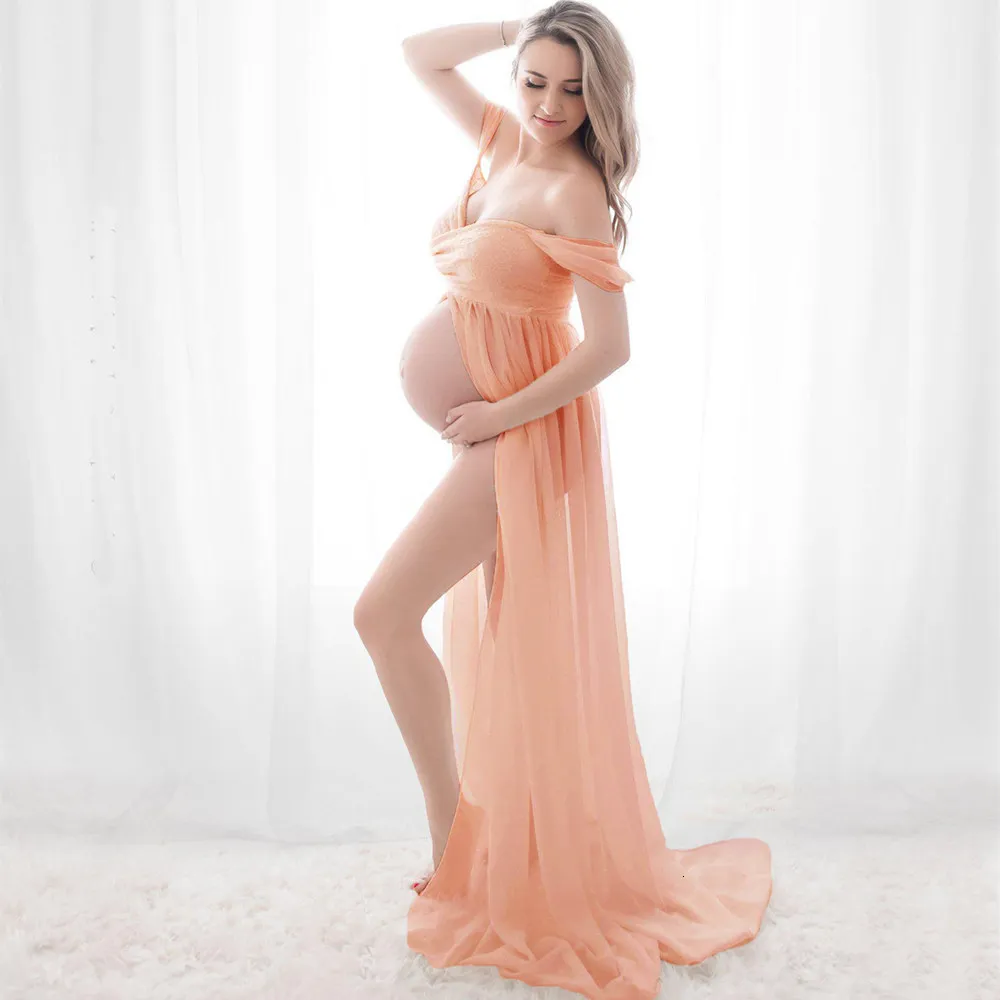 Платья для беременных Платья для беременных для Po Shoot с открытыми плечами Сетка с коротким рукавом Sheer Split Длинное платье для беременных Женская одежда для беременных 230628