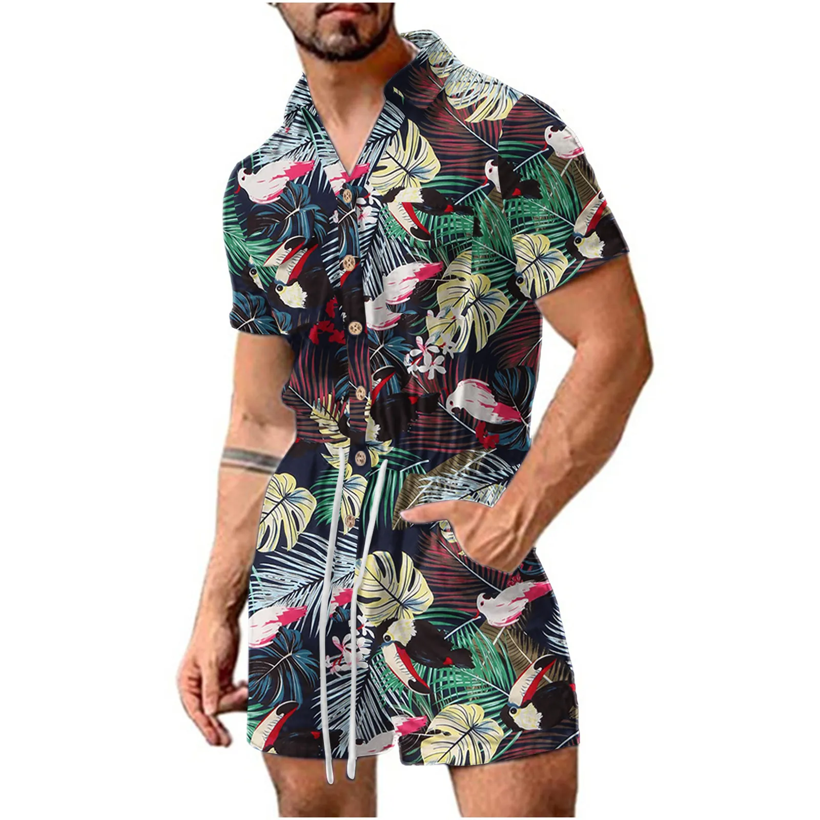 Trainingspakken voor heren Heren Rompertjes Shorts Badpak Street chic Tropische bloemenprint Korte mouw Strand Hawaiiaanse speelpakjes Knop Casual mannelijke jumpsuits 230627