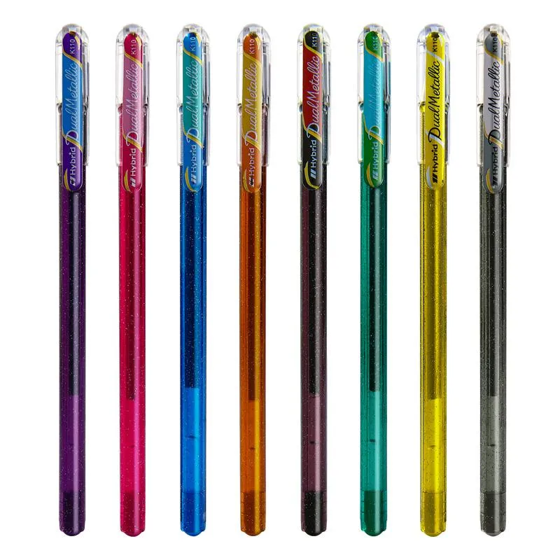 Pennarelli Pentel Hybrid Dual Metallic Liquid Gel Roller Pen Glitter Art Marker Confezione da 8 penne in 16 colori metallici scintillanti