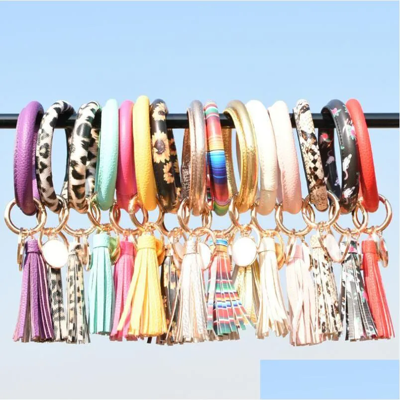 Keychains Lanyards Leather Wrap Tassels Bracelets Keychain Custom Wristlet Bracelet Tassel Leopard Sunflower Round Print Bangle Ke Dhgv8