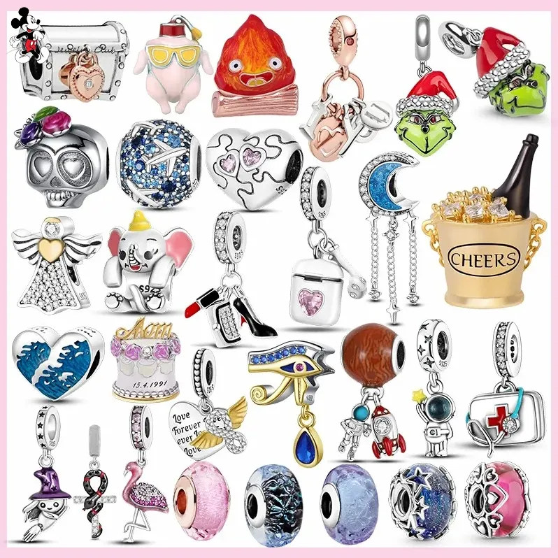 For pandora charm 925 silver beads charms Cake Beer Barrel Heart Skull French fries Glass charm set