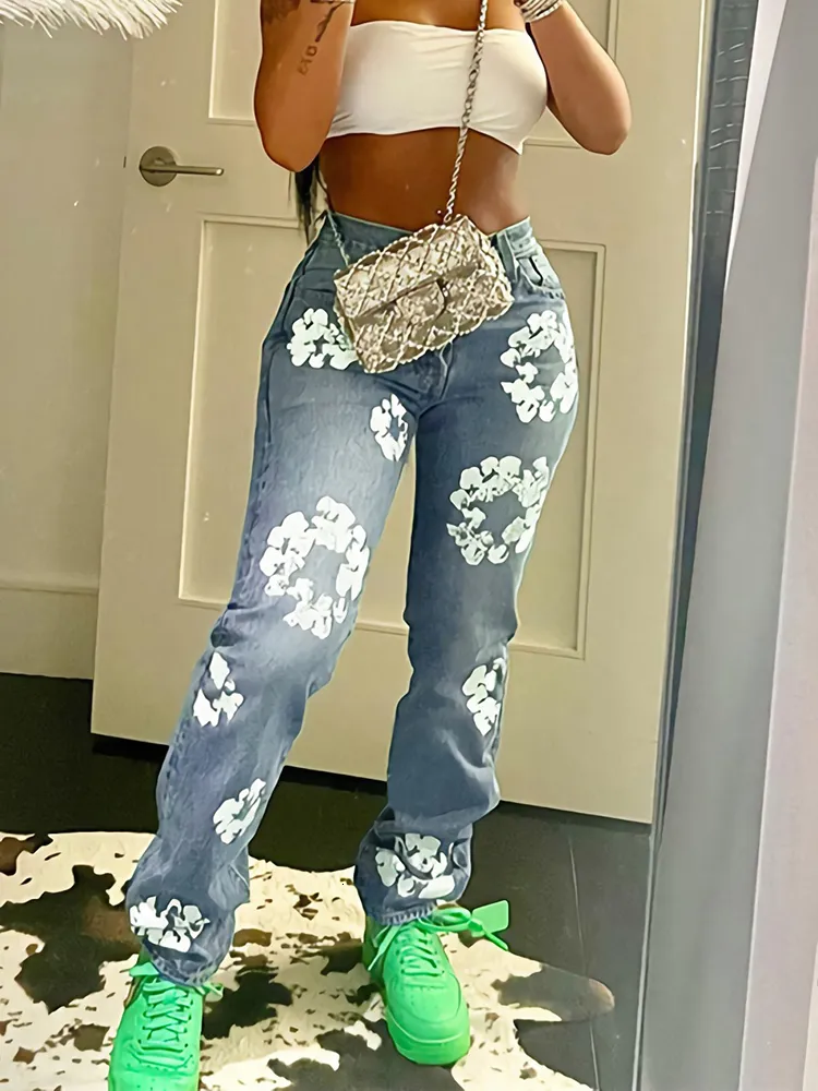 Dżinsowe dżinsy Sifreyr kwiatowy nadruk dżinsy wysokiej talii Kobiety moda vintage proste dżinsowe spodnie 90S Retro Streetwear Y2K workowate spodnie 2306627