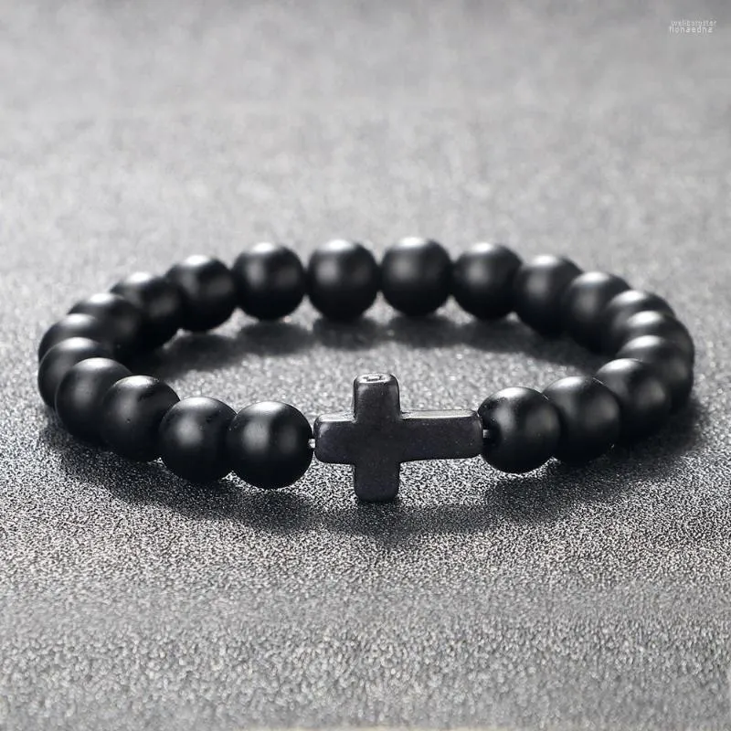 Strand Jesus Cross pulseras para Mujeres Hombres Multicolor turquesa Natural mate negro Lava cuentas de oración brazaletes joyería hecha a mano regalo