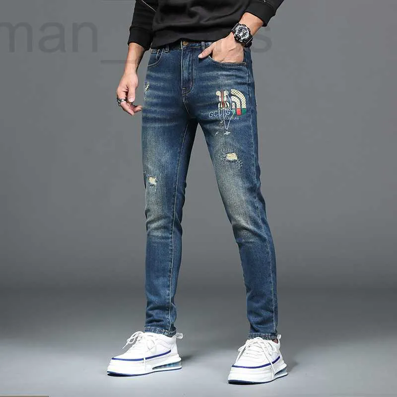 Men's Jeans designer Jeans bordados, marca da moda masculina, azul lavado, desgastado, slim fit, perfurado, pés pequenos, outono e inverno calças compridas S2CO