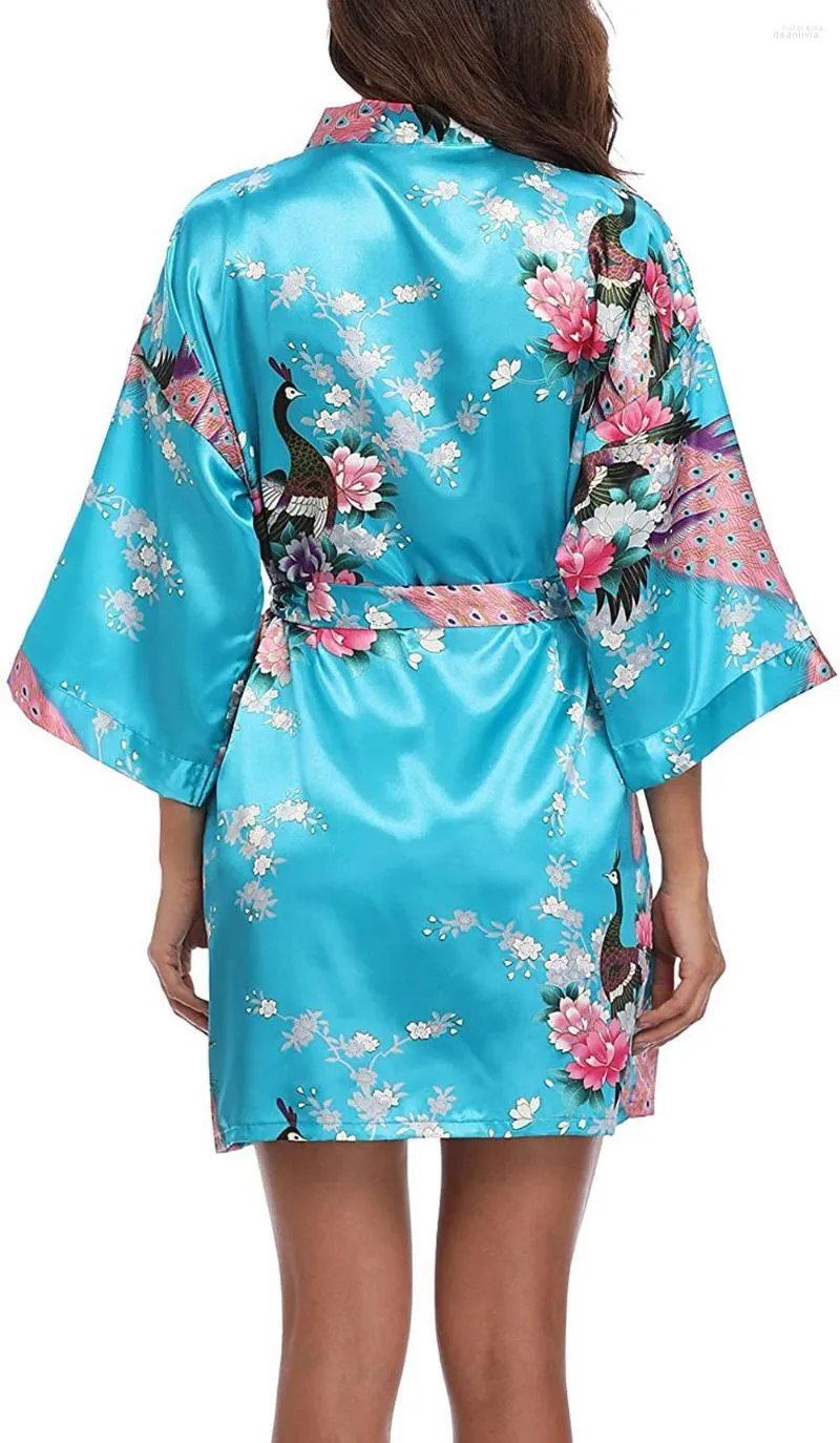 Vêtements de nuit pour femmes paon Sexy Satin Kimono Robe demoiselle d'honneur mariage mariée Robes se préparer Robe de chambre peignoirs