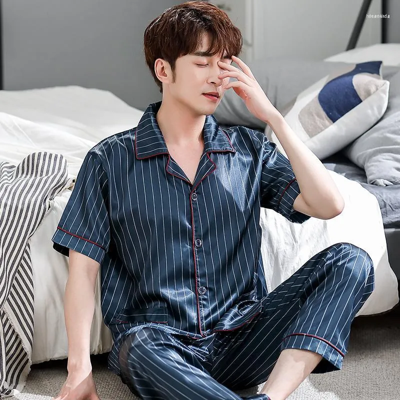 Men's Sleepwear Men's Brand Spring Summer 2 Piece Sets For Men Silk Satin Pajamas Turn-down Collar Homewear Big Yards Pijama Pyjama