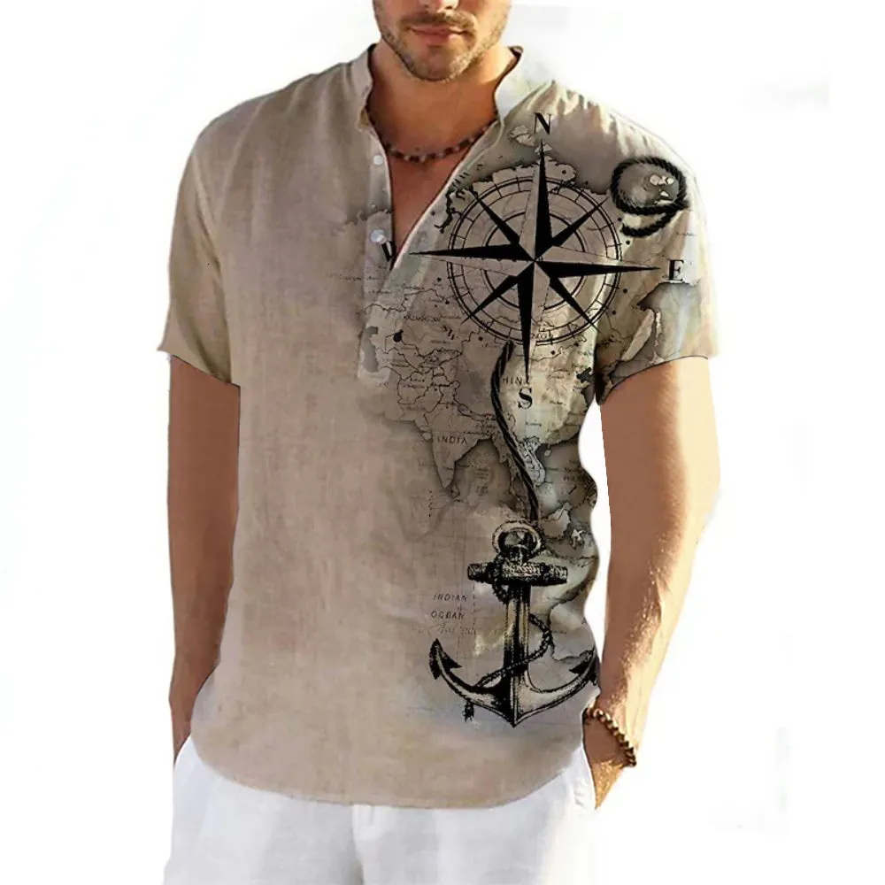 Men's Dress Shirts Summer Shirt Henley Short Sleeve Tops 3d Compass Graphic Clothing Fashion Designer Apparel Streetwear Mens Hawaiian 230628