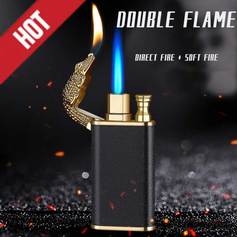 Nuevo encendedor de fuego doble de delfín de cocodrilo de Metal con llama azul, encendedor de conversión abierta directo a prueba de viento creativo, regalo para hombre ZLF6