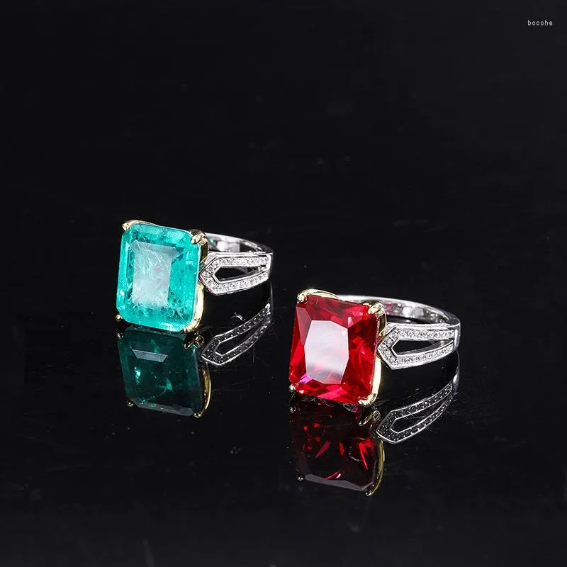 Cluster Rings S925 Sterling Silver Emerald Crystal Pigeon Blood Ruby Square Jumelé Pour Femmes Bijoux De Mode Designer De Luxe Cadeau Nordique