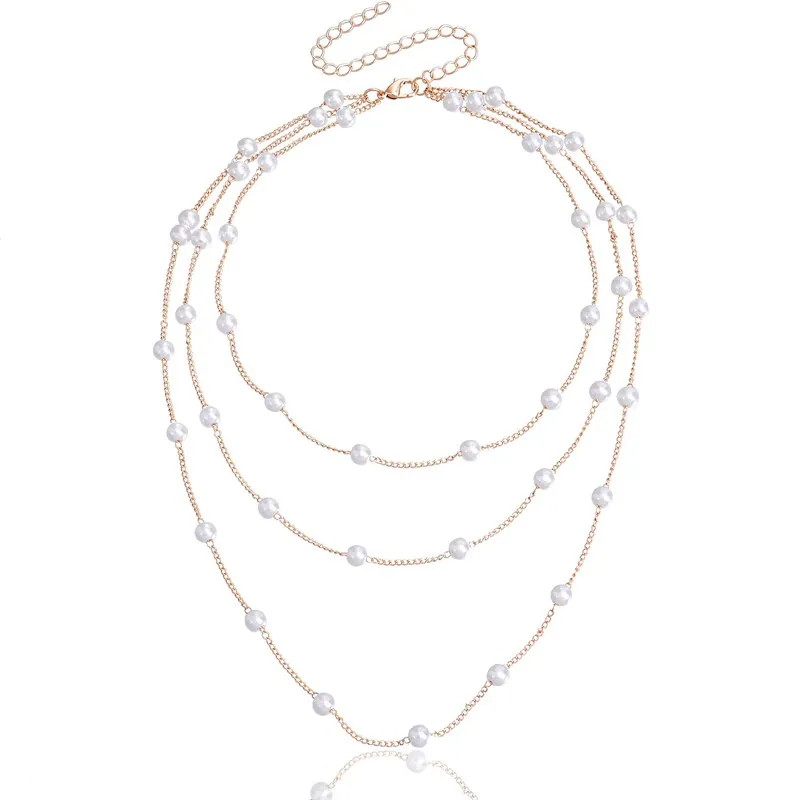 Collar de cadena en capas de perlas de imitación fina geométrica Simple, collar de cadena de clavícula multicapa para mujer, joyería Vintage