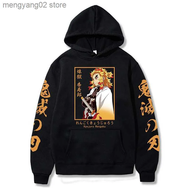 Erkek Hoodies Tişörtü Komik Sıcak Anime Demon Slayer Hoodie Erkek Kadın Kyojuro Rengoku Kazak Kış Streetwear Büyük Boy Y2k Gevşek Rahat Kazaklar T23628