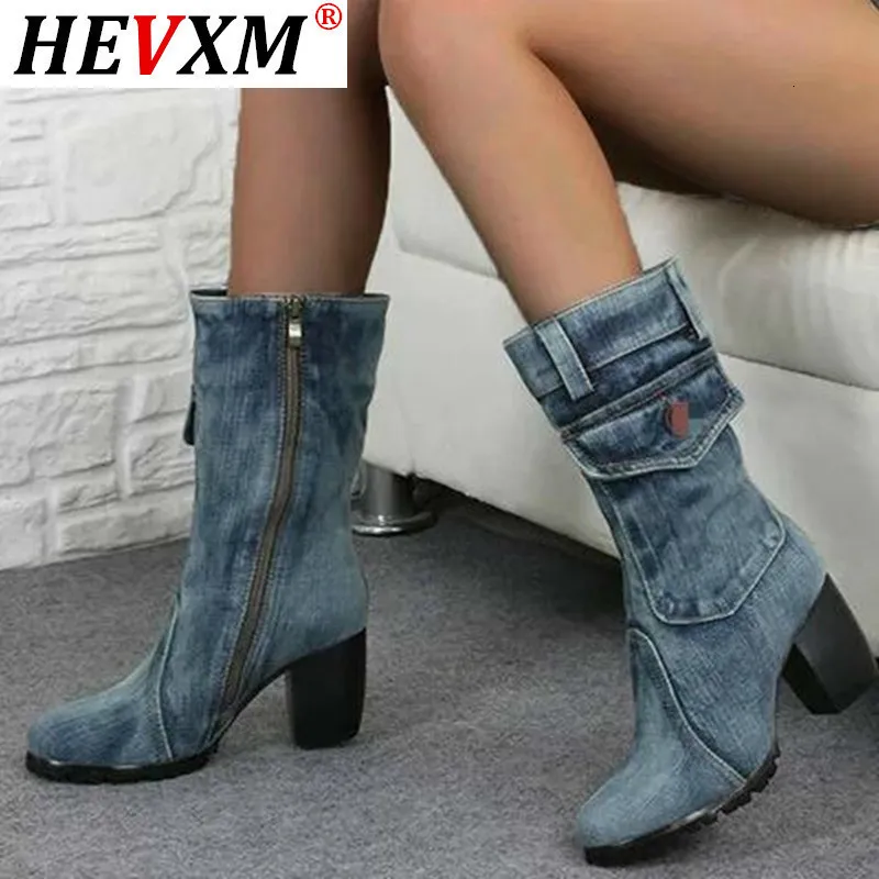 Buty Sexy Jean Women S Mid Calf But Zipper High Heel Woman Stylish Dżinsy damskie dżinsowe buty kowboj 2023 230628