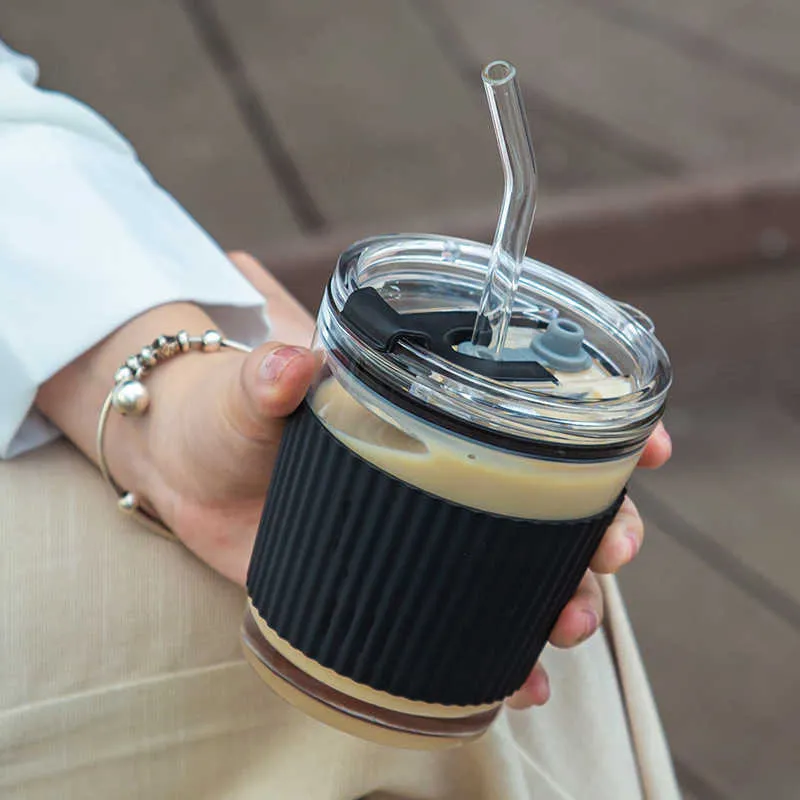 450ml Heat Resistant Glass Straw Coffee Cup With Lid Straw Juice Cup Cold  Brew Milk Tea Water Cup With Lanyard Milk Mug