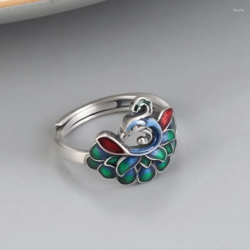 Cluster Rings LongLongjinsu S925 2023 Ethnic Handmade Eyebrow Drop Glue Oil Craft Peacock Ring Female Jewelry Mens