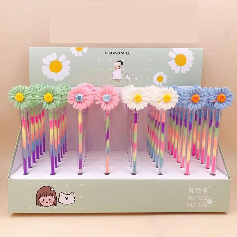 Stylos 48 pcs / lot kawaii marguerite gel stylo mignon encre coloré pens de bureau de bureau de bureau