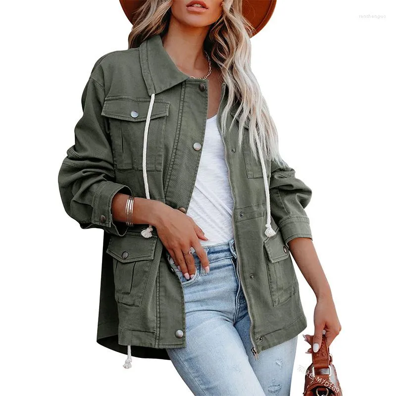 Femme Vestes Femmes Manteau Revers Manches Longues Lâche Fermeture Éclair Vert Couleur Unie Poche Cordon Décontracté De Plein Air Printemps Et Automne Tempérament