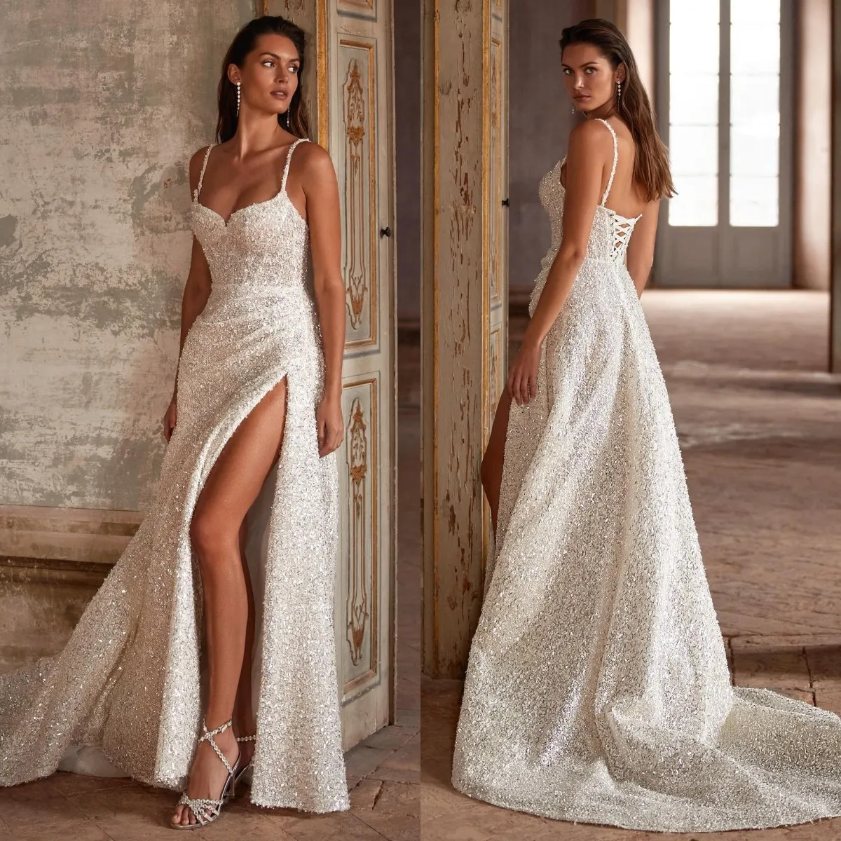 Vestidos de novia de vaina Milla Nova para novia Lentejuelas brillantes Vestido de novia de espagueti Abertura en el muslo robe de mariee Vestidos de novia con cordones en la espalda