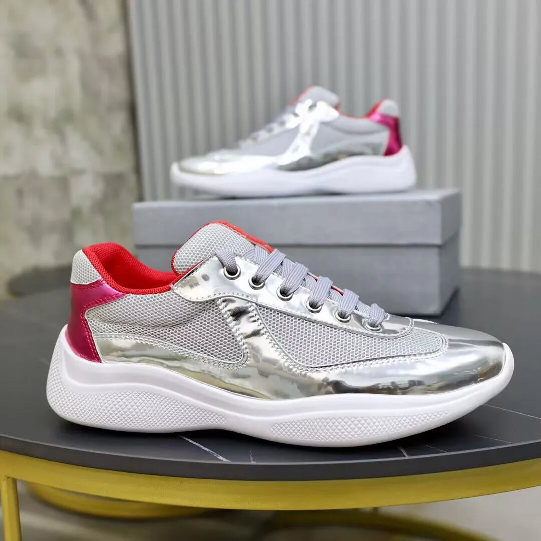 Men America Cup xl läder sneakers högkvalitativ patentläder platt tränare svart mesh snörning casual skor utomhus löpare tränare cykel vandring sko b25 med låda