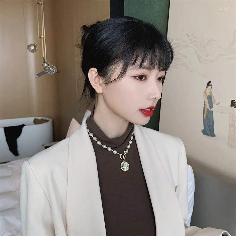 Chains Korean Luxury Natural Freshwater Baroque Pearl Gold Color Coin Pendant Necklace For Women Temperament Sweater Chain Jewelry