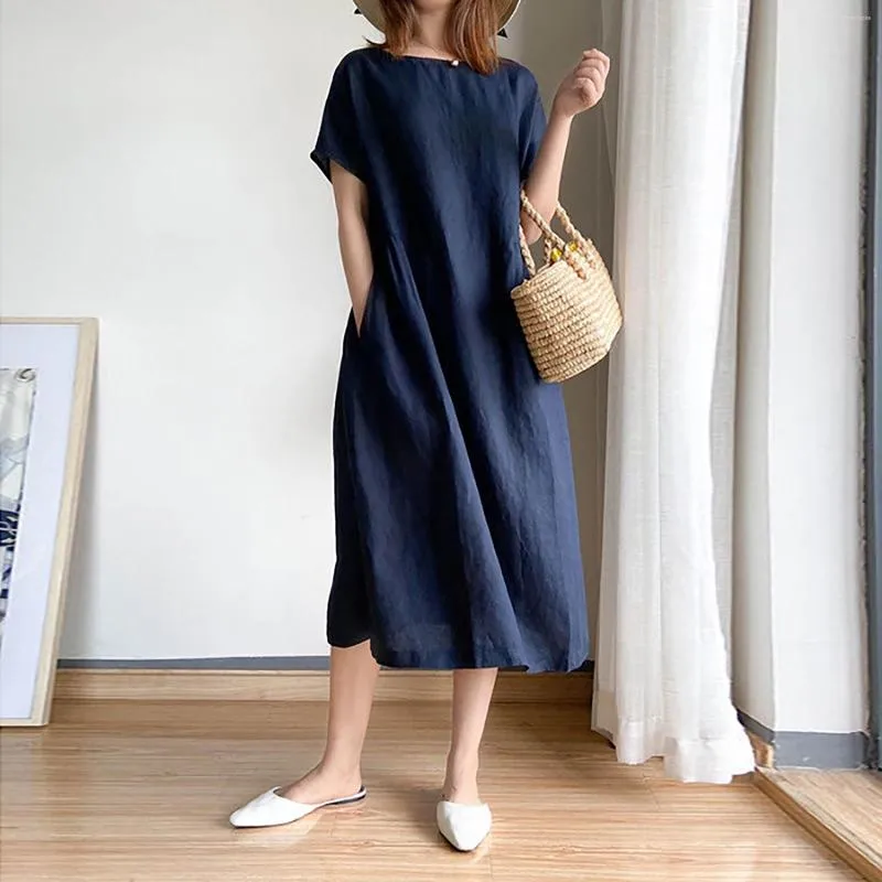 Casual Dresses Summer Dress Womens Round Neck Solid Sleeve Color Loose Length Mid Ladies Pants Retro Vintage Beach Sundress Robe