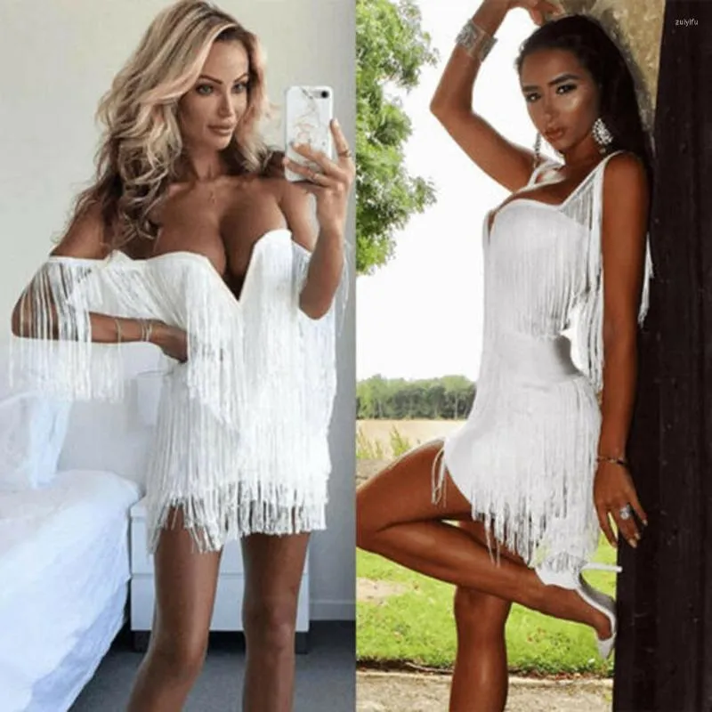 Casual Jurken Sexy Vrouwen Omzoomd Pailletten Veer Stiksels Jurk 2023 Zomer Slanke V-hals Off Shoulder Vrouwelijke Backless Slip mini Gewaad