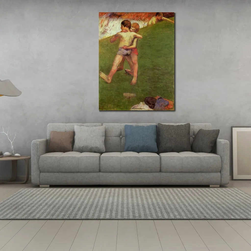 Nowoczesny krajobraz płótno na ścianie sztuki Breton chłopcy Wrestling Paul Gauguin obrazy ręcznie robione wysokiej jakości