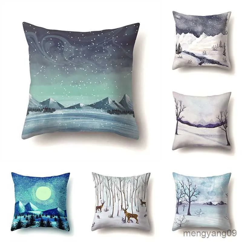 Cushion/Decorative 45x45cm Cartoon Fawn Snow Scene Cover Living Room Sofa Office Seat Car Waist Cushion Cover Home Decoration R230630