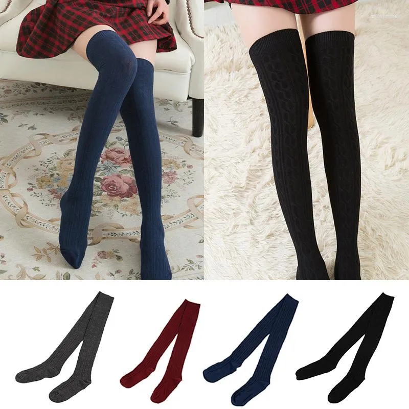 Calze da donna Ragazze sopra il ginocchio Tinta unita Calde calze lunghe fino alla coscia Legging Calze lavorate a maglia Stretch Fashion Winter