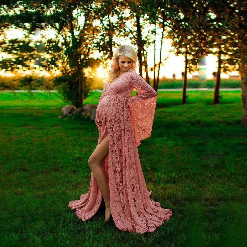 Zwangerschapsjurken Mode Zwangerschaps roze rode jurk voor Po Shoot Maxi Zwangerschapsjurk met lange mouwen Kant Fancy Sexy Vrouwen Zwangerschapsjurk Pography 230628