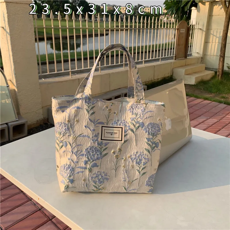 Kvällspåsar blå blommor duk väska kvinnor vintage axel jacquard lady shopping bomull tyg tyg handväskor tote makeup 230628