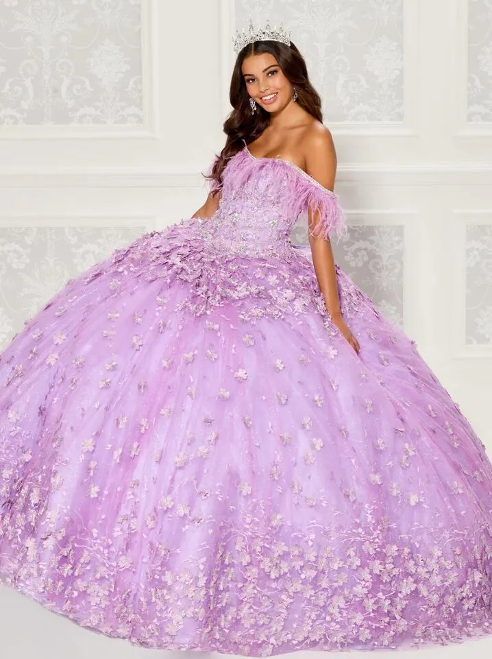 Orkidé lila lavendel fjäder quinceanera klänningar från axel 3d blommig pärlstav applikation boll klänning vestido cinderela debutante