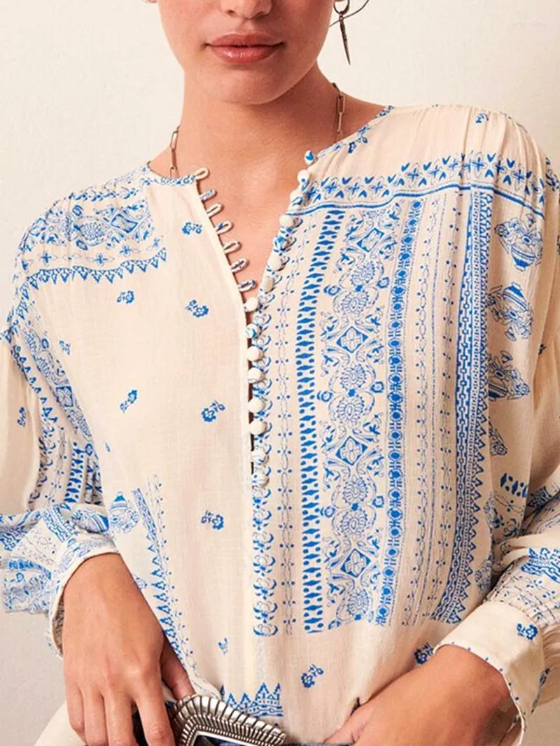 Women's Blouses Women Shirt O-neck Retro Ethnic Print Long Sleeve Loose Female Blouse With Buttons 2023 Spring