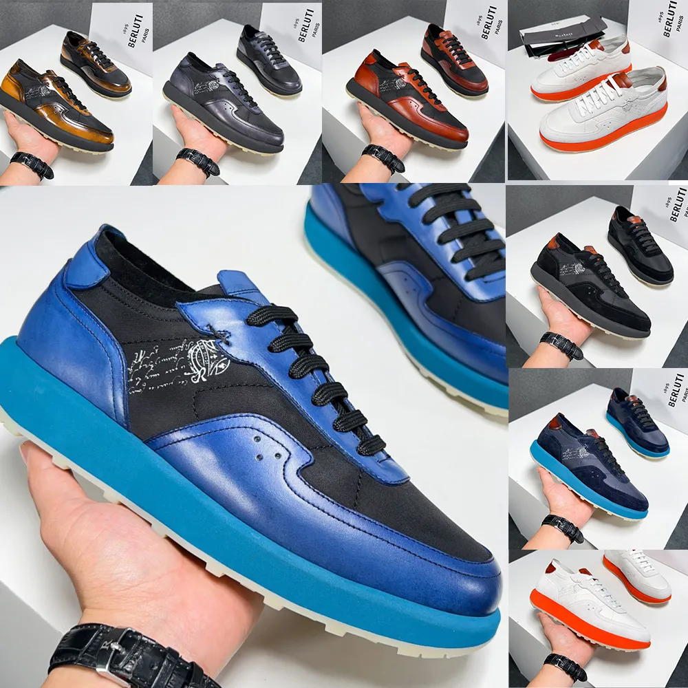 Berluti Pure Handmade Men's Sports Shoes Läder och nylon sneaker lyxig högkvalitativ träningssko avslappnad pendling herrskor