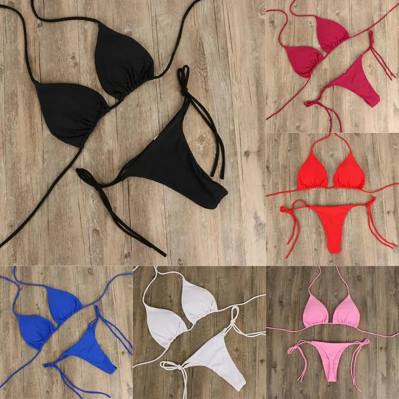 Women's Swimwear Solid Color Hanging Neck Style Lace-Up Bikini Sexy Split Binding Triangle Beach Swimsuit No Steel Bracket Chest Pad