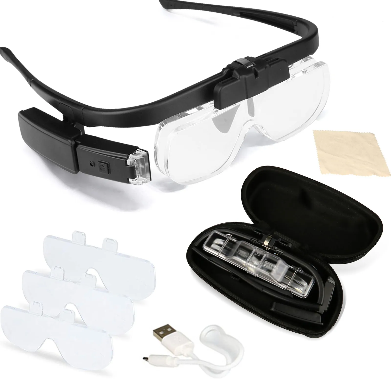 Magnifying Glasses Head Mount Magnifier Glasses With 3 Detachable Lenses 1.5X 2.5X 3.5X 5.0X USB Rechargeable LED Professional Light Repair Tools 230629