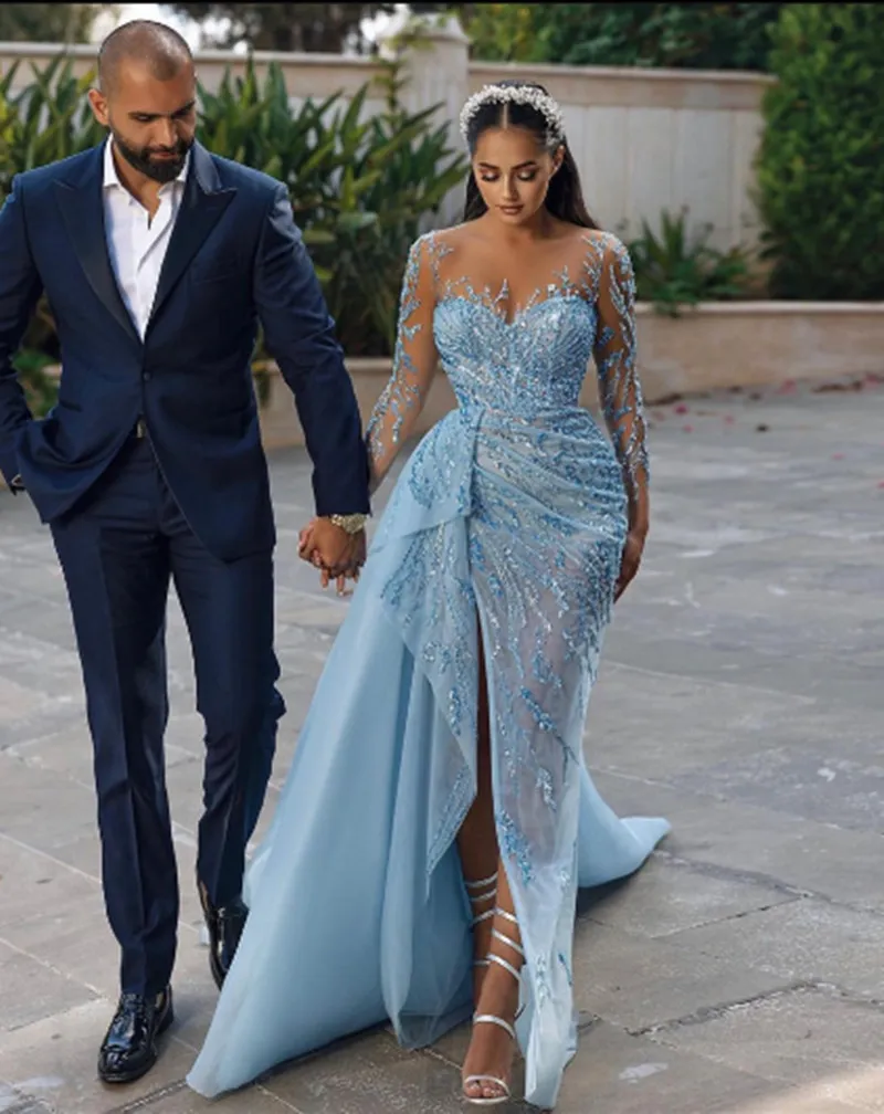 Mermaid Stylish Blue Wedding Dresses Long Sleeves V Neck Appliques Sequins D Lace Side Slit Floor Length Plus Size Bridal Gowns Custom Made Abiti Da Sposa