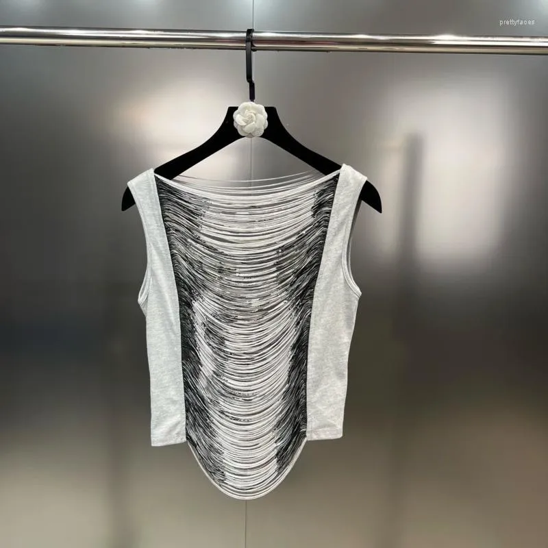 Kvinntankar PREPOMP 2023 Summer Collection ärmlös Rund halsgrå kontrast Färg Randig Tassel Transparent Vest Tank Top 604