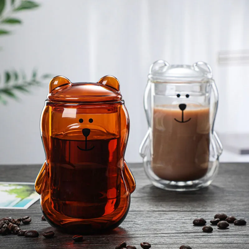 Fabricant gros dessin animé créatif ours double verre tasse à café avec couvercle