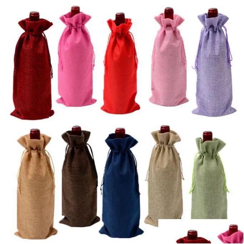 Prezent Wrap Linen Wine Bottle Ers Dstring Torba Uchwyt pusty opakowanie świąteczne przyjęcie weselne Dekor 15 kolorów Drop dostawa dom g dhjqx