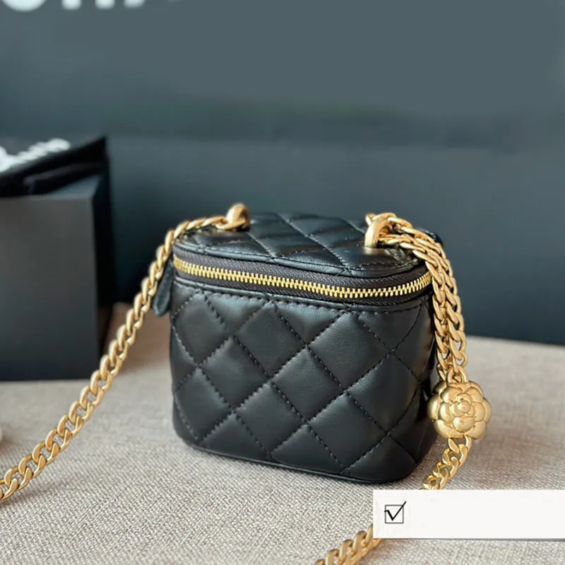 Real Leather Vanity Box Bag With Camellia Buckle, Mirror, And Gold 
