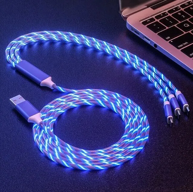 Carregador Rápido 3 em 1 LED Flowing Light Tipo C Cabos Carregamento Rápido Linha 2A Cabo Micro USB Cabo Carregadores 110cm