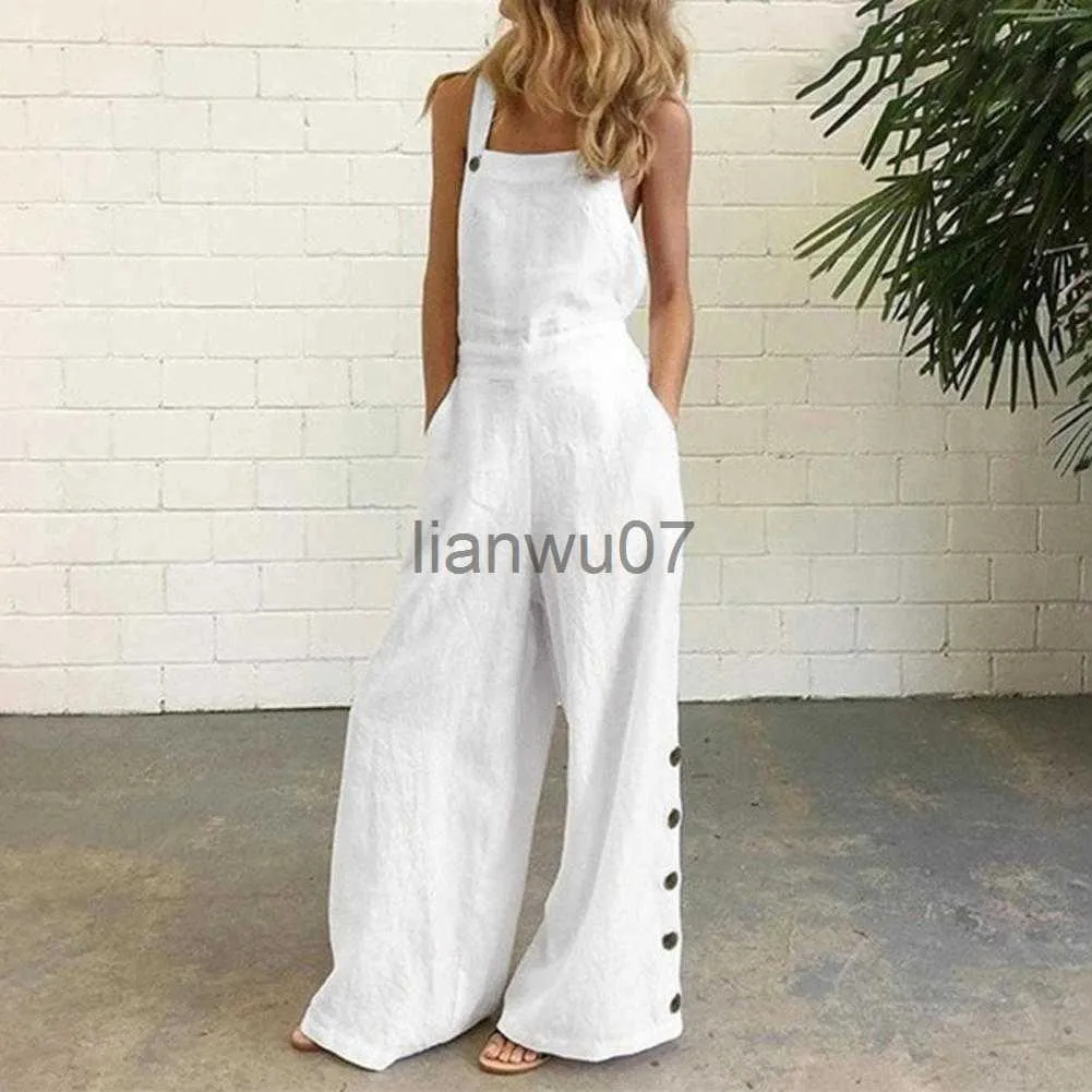 Womens Jumpsuits Rompers HotWomen Jumpsuit Rompers Wide Leg Pants Pure Color Low Cut Plus Size Side Buttons Sleeveless Long Trousers Suspenders Playsui J230629