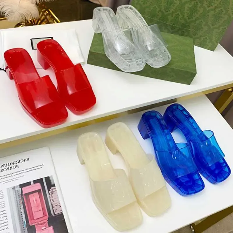 2022 transparente Gummi-Slipper Damen-Slide-Sandale, Plateau-Hausschuhe, weiß, blau, Sommer-Strand-Flip-Flops, 6,1 cm hohe Absätze, Mädchen-Damen-Designer-Sandalen mit Box