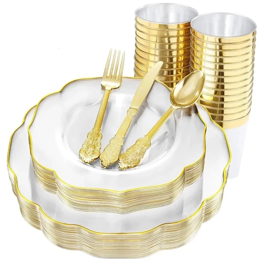 Tek Kullanımlık Yemek Takımı 60 Adet Tek Kullanımlık Sofra Şeffaf Çiçek Taç Şekli Altın Jant Plastik Plaka Bardak Gümüş Doğum Günü Düğün Parti Malzemeleri 230628