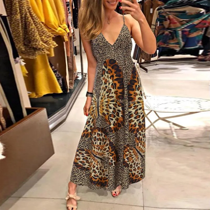 Abiti casual # Z40 Abito lungo da donna con scollo a V profondo Stampa leopardata Farfalla Avvolgente Cinturino senza maniche Beach Maxi Boho Summer