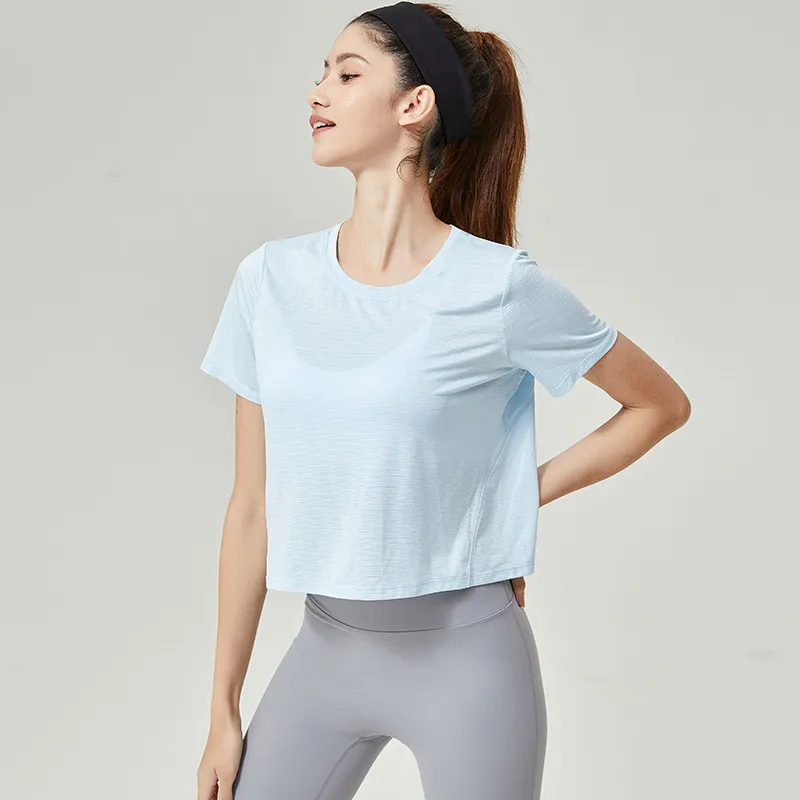 Lu Verano nueva ropa de yoga costura de malla punto horizontal estampado suelto transpirable corto blusa de cuello redondo camiseta de manga corta mujer