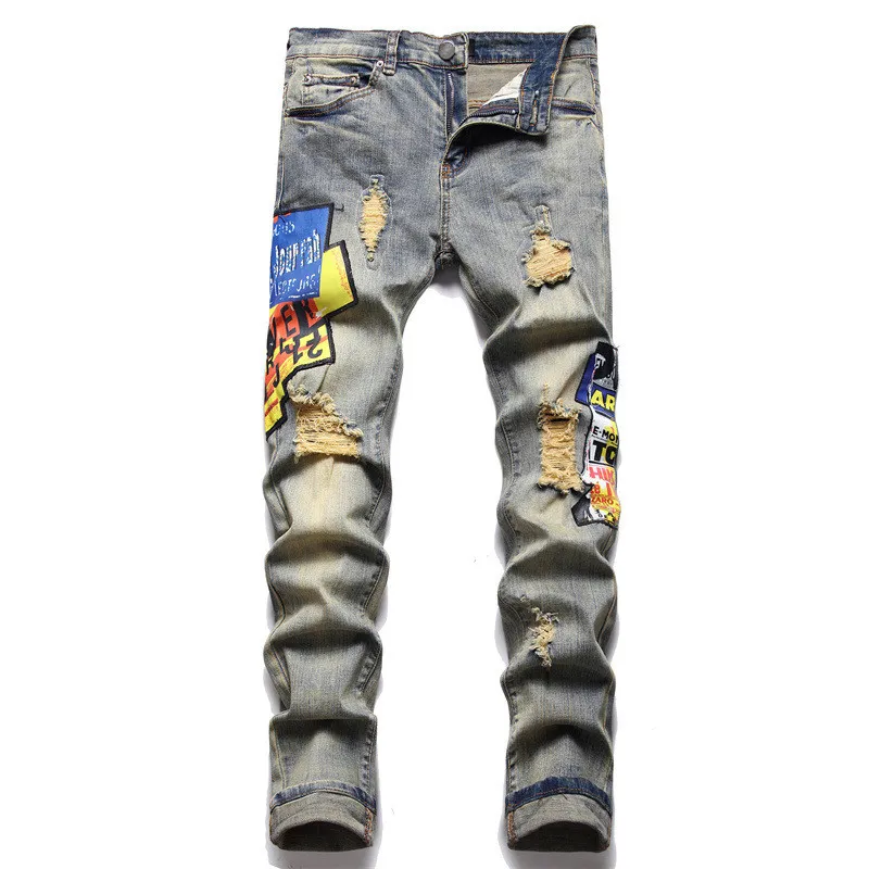Дизайнерские мужские джинсы High Street America Джинсы для мужчин Брюки с вышивкой Oversize Рваный принт Patch Hole Denim 2023 Новая модная уличная одежда Узкие узкие брюки-карандаш