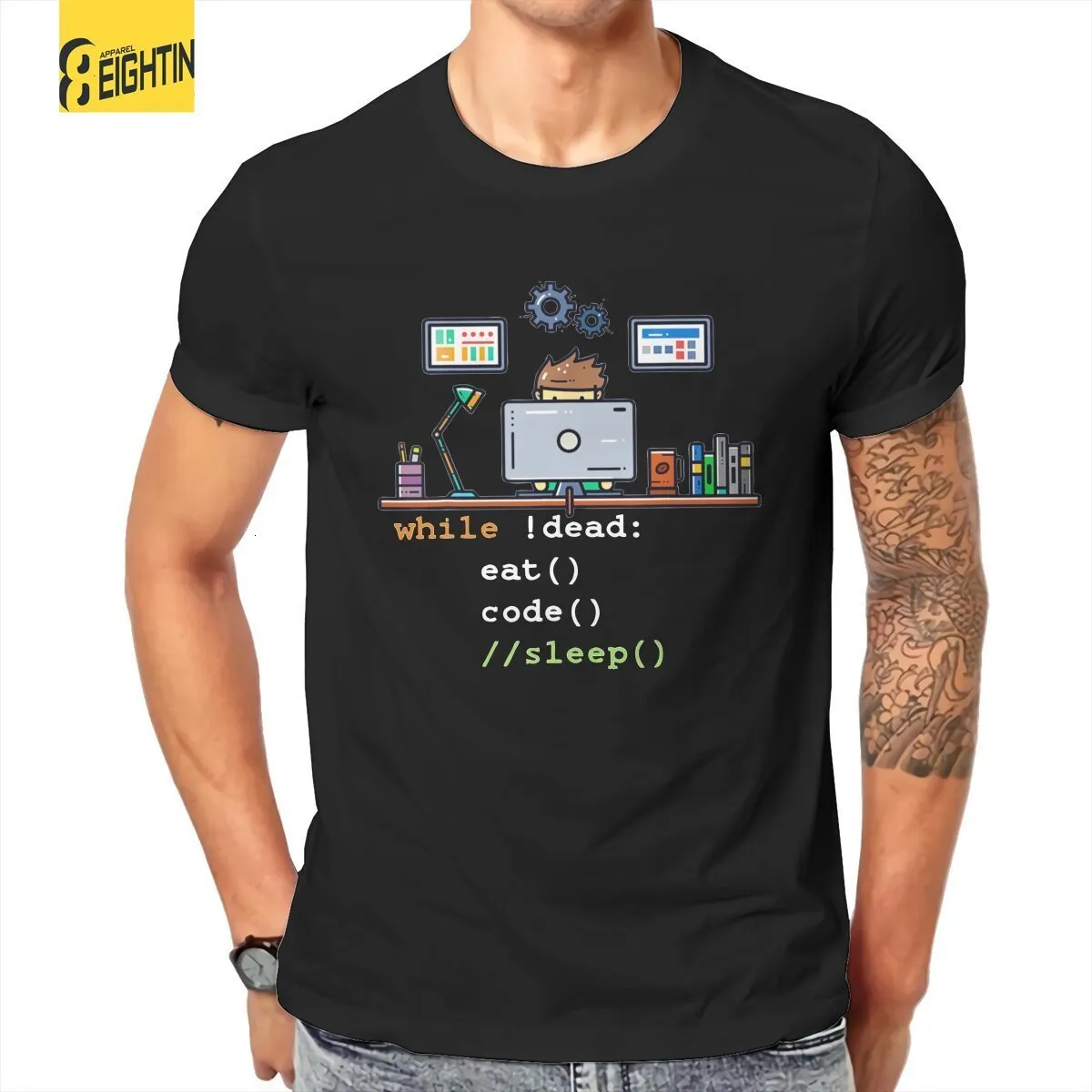 Mens Tshirts Funny Programmer Computer Science Python T Shirts For Men Pure Cotton Novelty Eat Code Sleep Tee Shirt Topps vuxen 230629