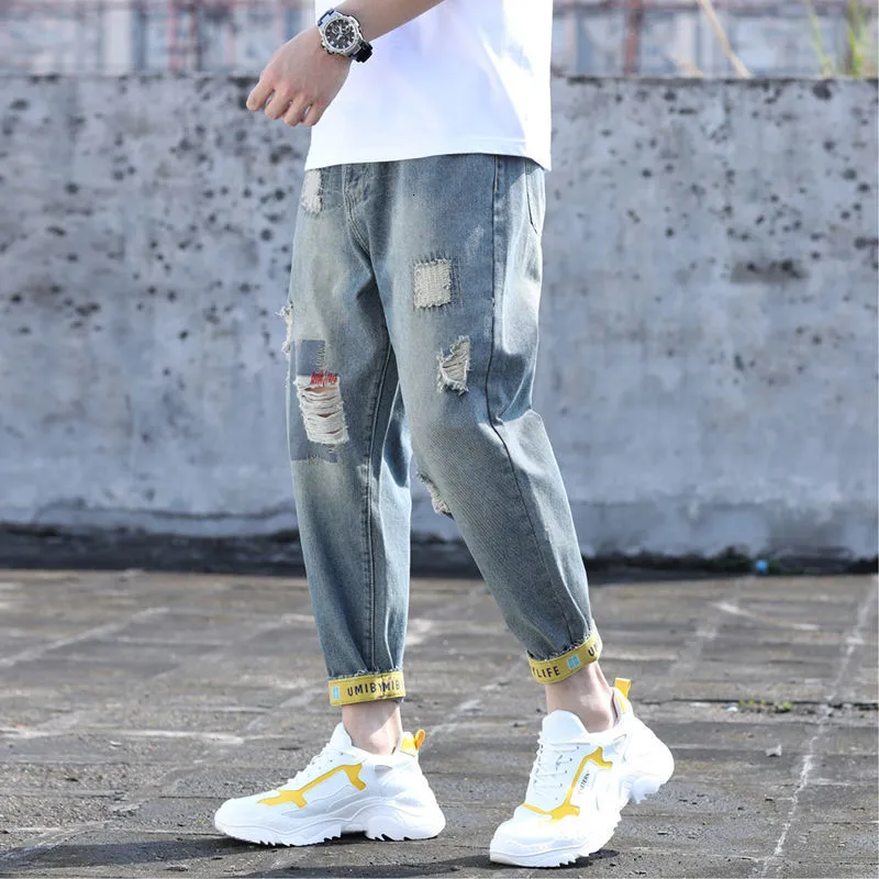 Men s Jeans Spring Nine point Pants Brand Plus Fat Size Ripped Feet Casual Loose Autumn 230629